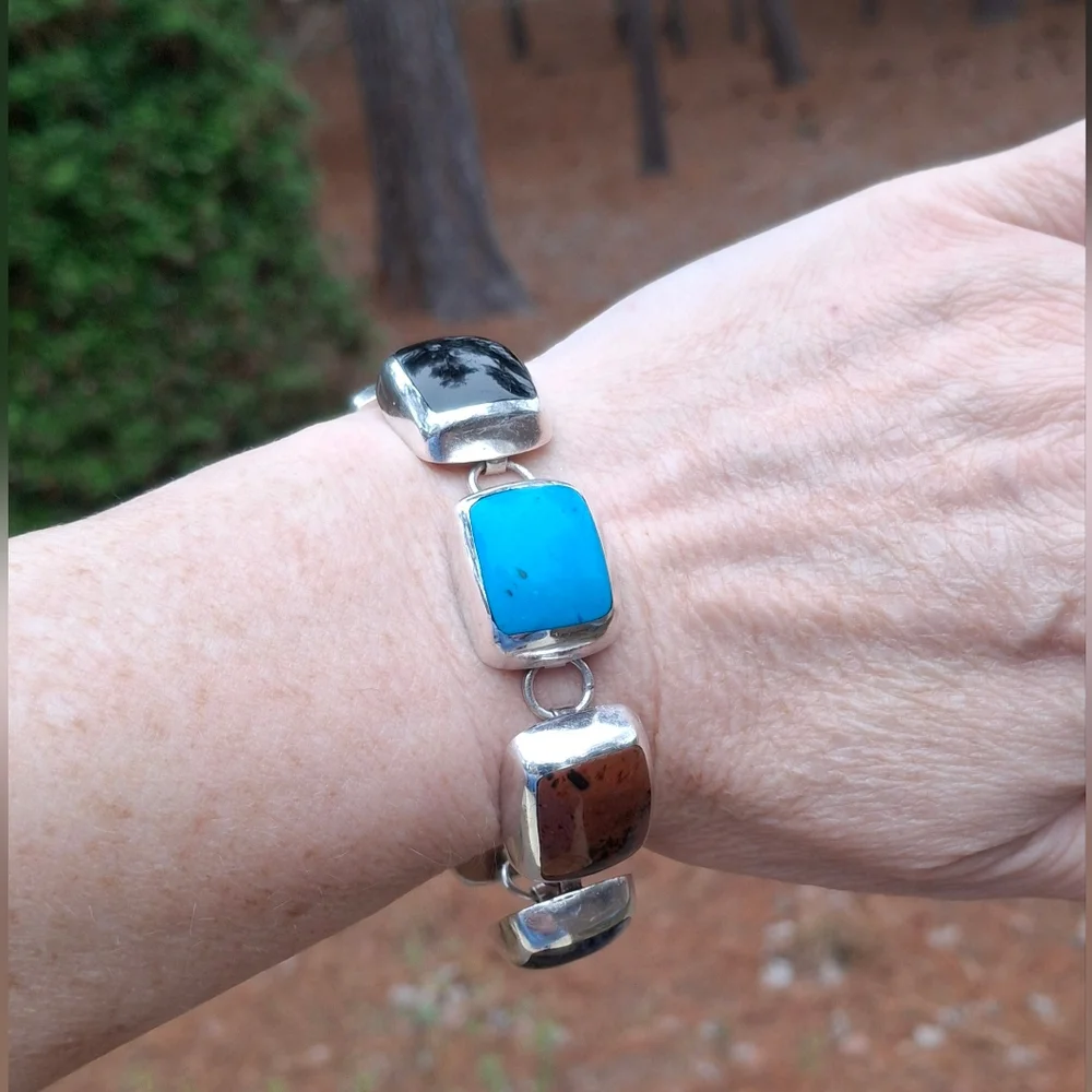 VTG Taxco Mexico Sterling Silver Multi-Gemstone Link Bracelet Turquoise T2-17